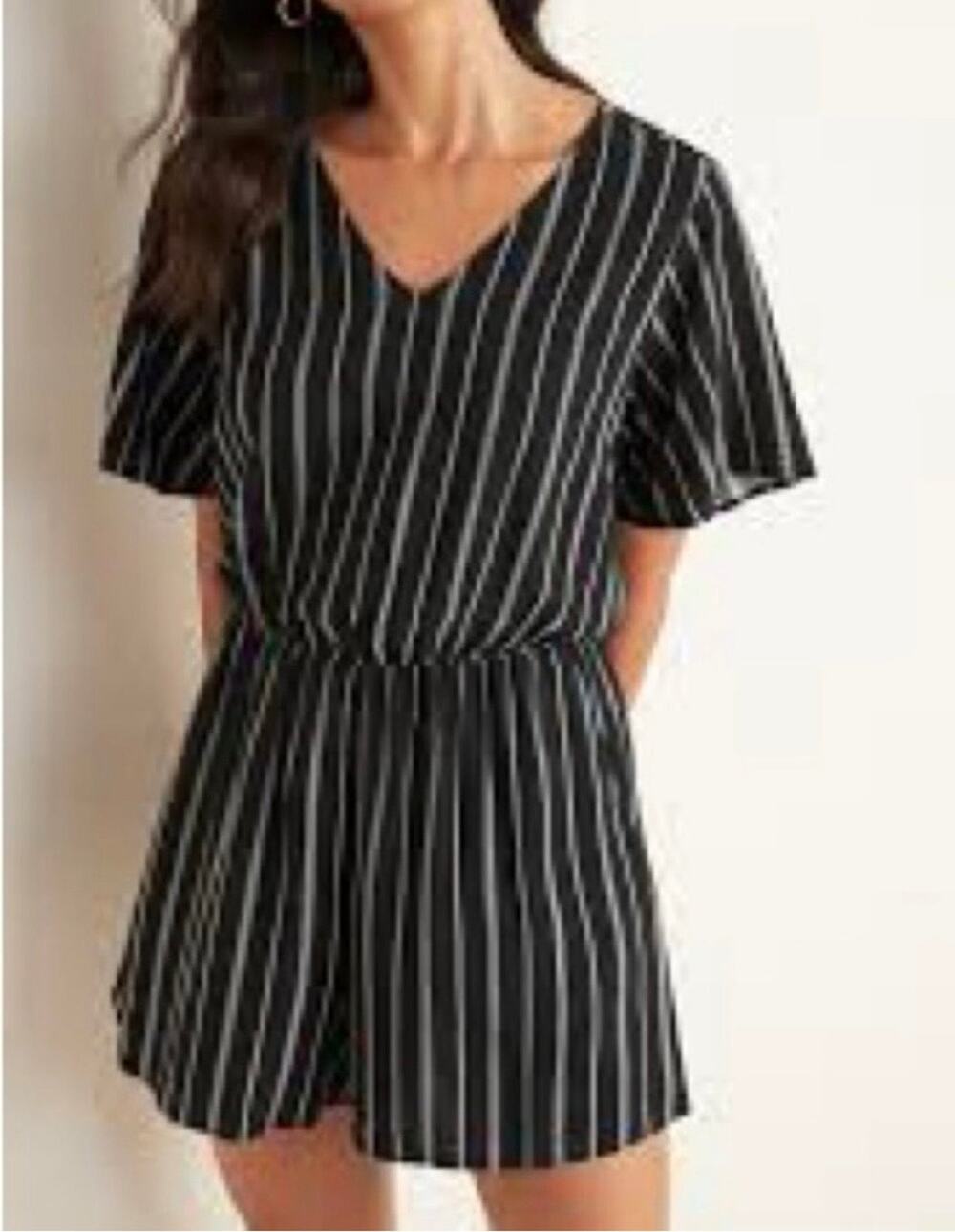 Old Navy Stripe V Neck Romper Black White SzXL